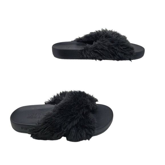 Victoria's Secret Pink Womens Faux Fur Slide Slippers Black S Fuzzy Open Toe - Picture 7 of 11
